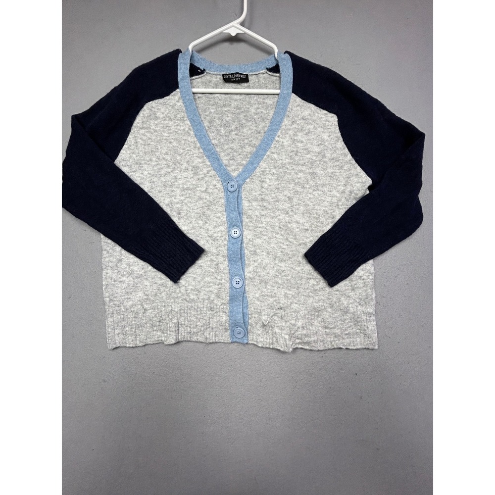 Central Park West Cardigan Recycled Polyester Blend Grey Navy Blue Womens Large